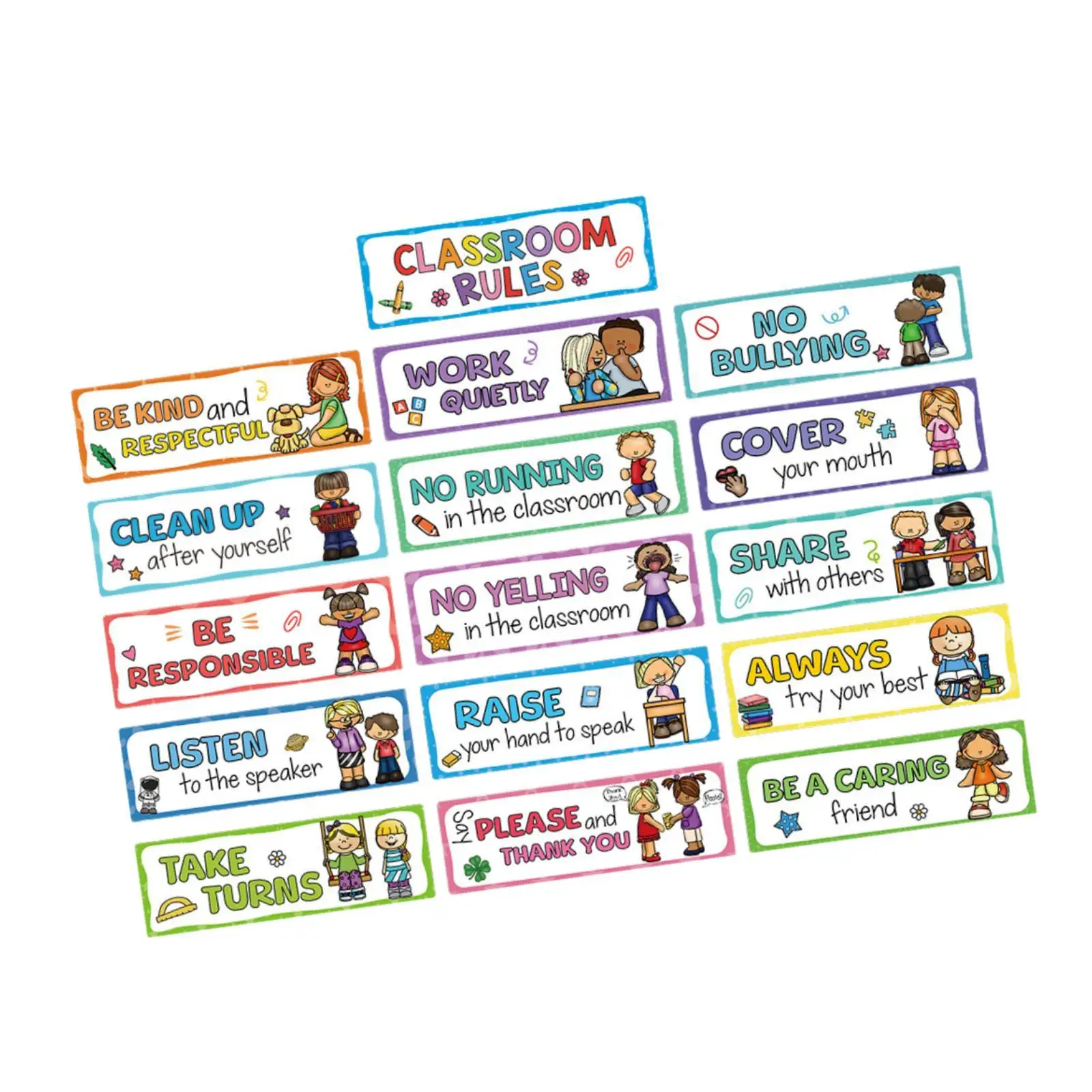 16x Set di poster educativi con regole per l'aula Grafici di buone abitudini e manichini per l'apprendimento della scuola elementare, decorazioni per la casa dell'asilo