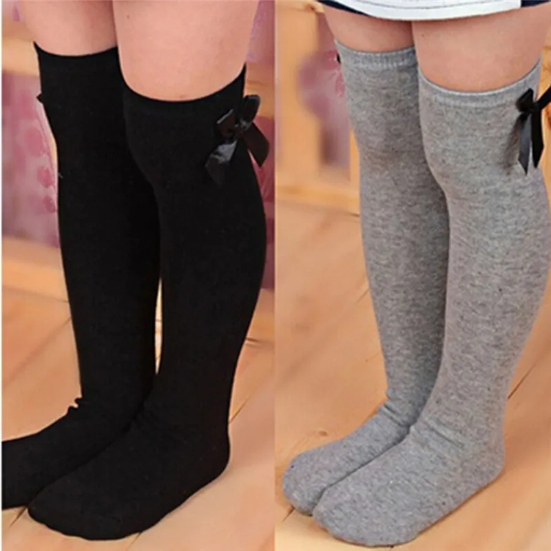 Kids Warm Winter Knee High Stockings Christmas Girls Striped Boot Bowknot Stocking White Black Gray Xmas Gifts Stocking