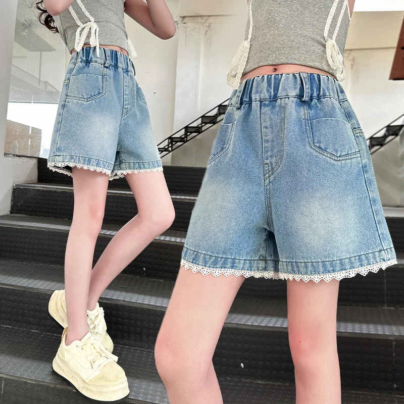 الفتيات الصيف الدانتيل السراويل الزخرفية رقيقة 2025 موضة جديدة الدنيم السراويل الساخنة السراويل الرياضية غير رسمية مناسبة ل 5-15 سنة