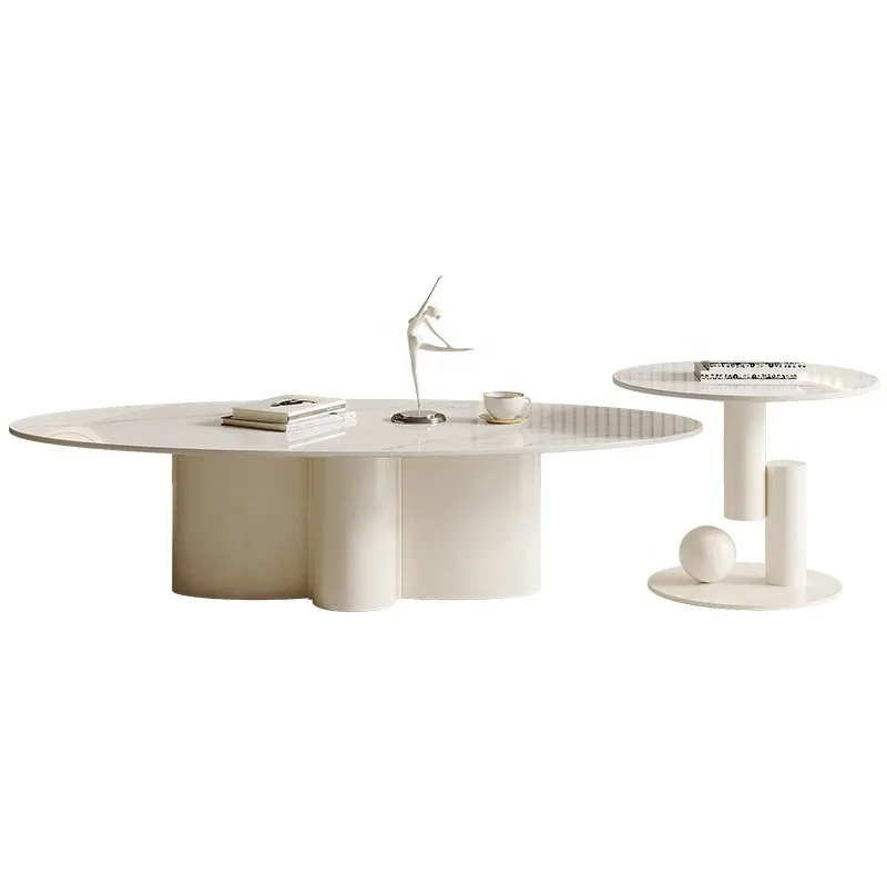 

New Arrival Modern Simple Rock Plate Coffee Table Cream Wind Small Living Room Oval White Combination Coffee Table Set