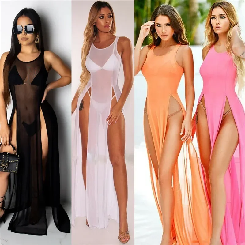 Vestido Maxi longo de malha sexy feminino, veja através da cobertura do biquíni, vestido de praia, alças sem mangas, vestidos de fenda alta, verão