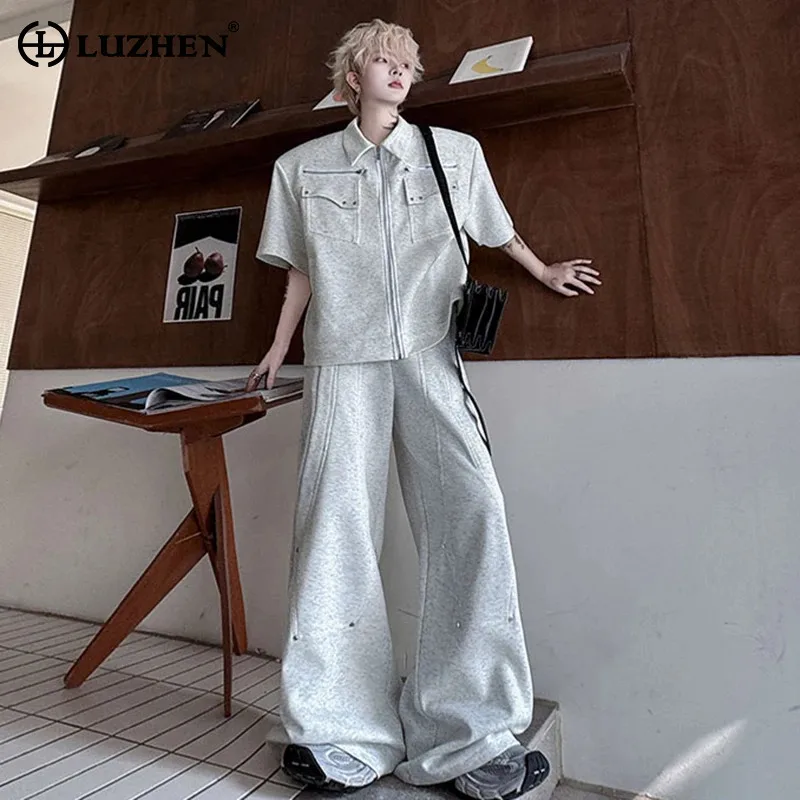 

LUZHEN Summer Solid Color Multi Pockets Shoulder Pad 2025 Short Sleeve Shirts Men's Stylish Loose Pants Two-piece Sets JY2637