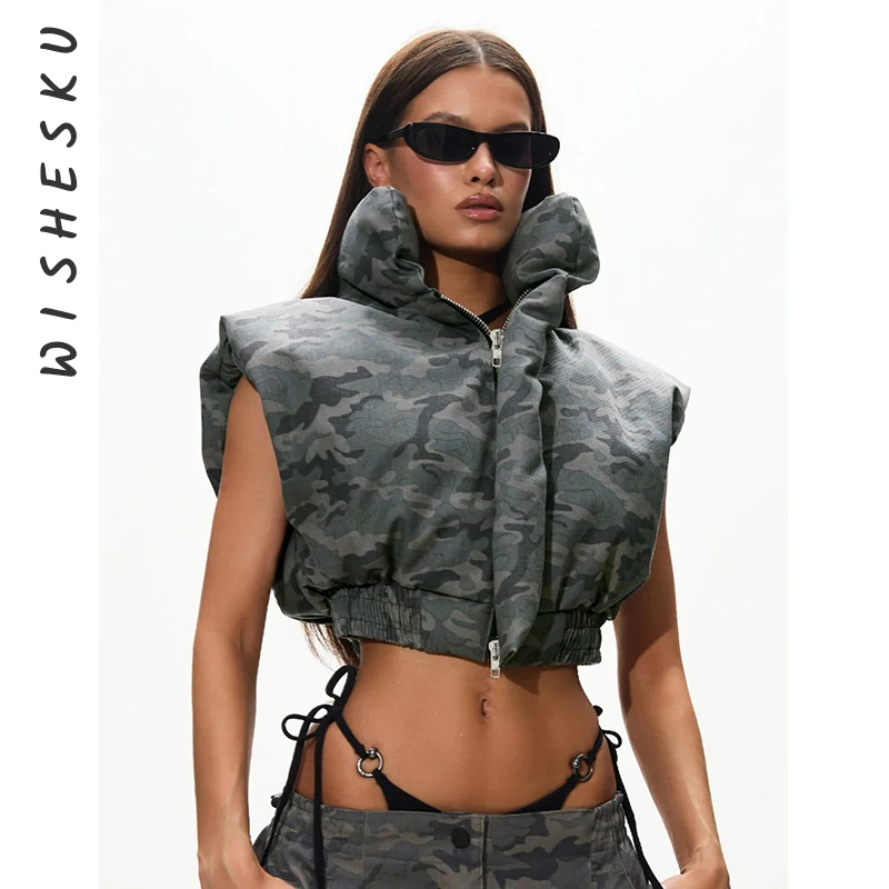 

Сексуальное укороченное пальто в стиле сафари с камуфляжным принтом, жилет, женская короткая куртка без рукавов на молнии, женская уличная одежда, одежда Y2K