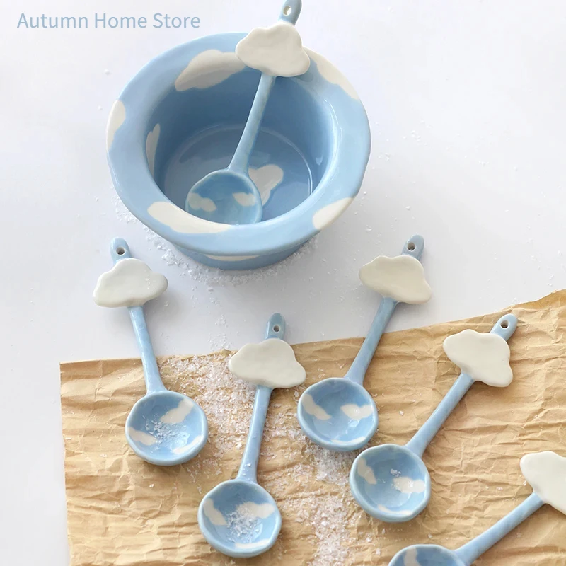 Blue Sky and White Clouds Breakfast Spoon Coffee Mixing Spoon Underglaze Color Fruit Salad Rice Soup Bowl