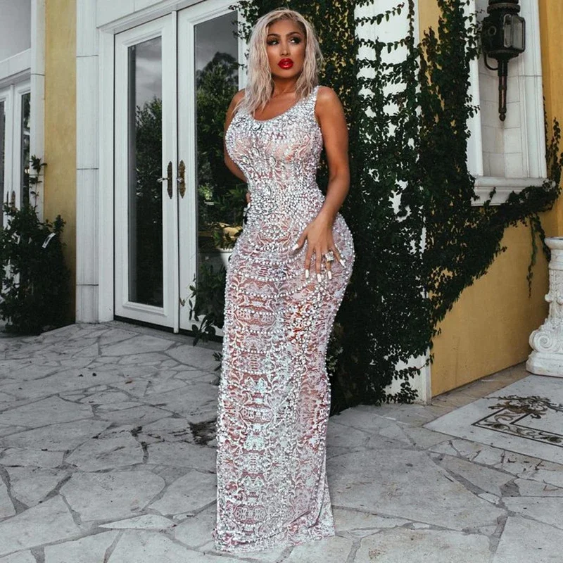 

Silver Rhinestones Pearls Mesh See Through Dress Women Celebrate Birthday Dress Prom Party Outfit Female Singer Sexy Long Dress