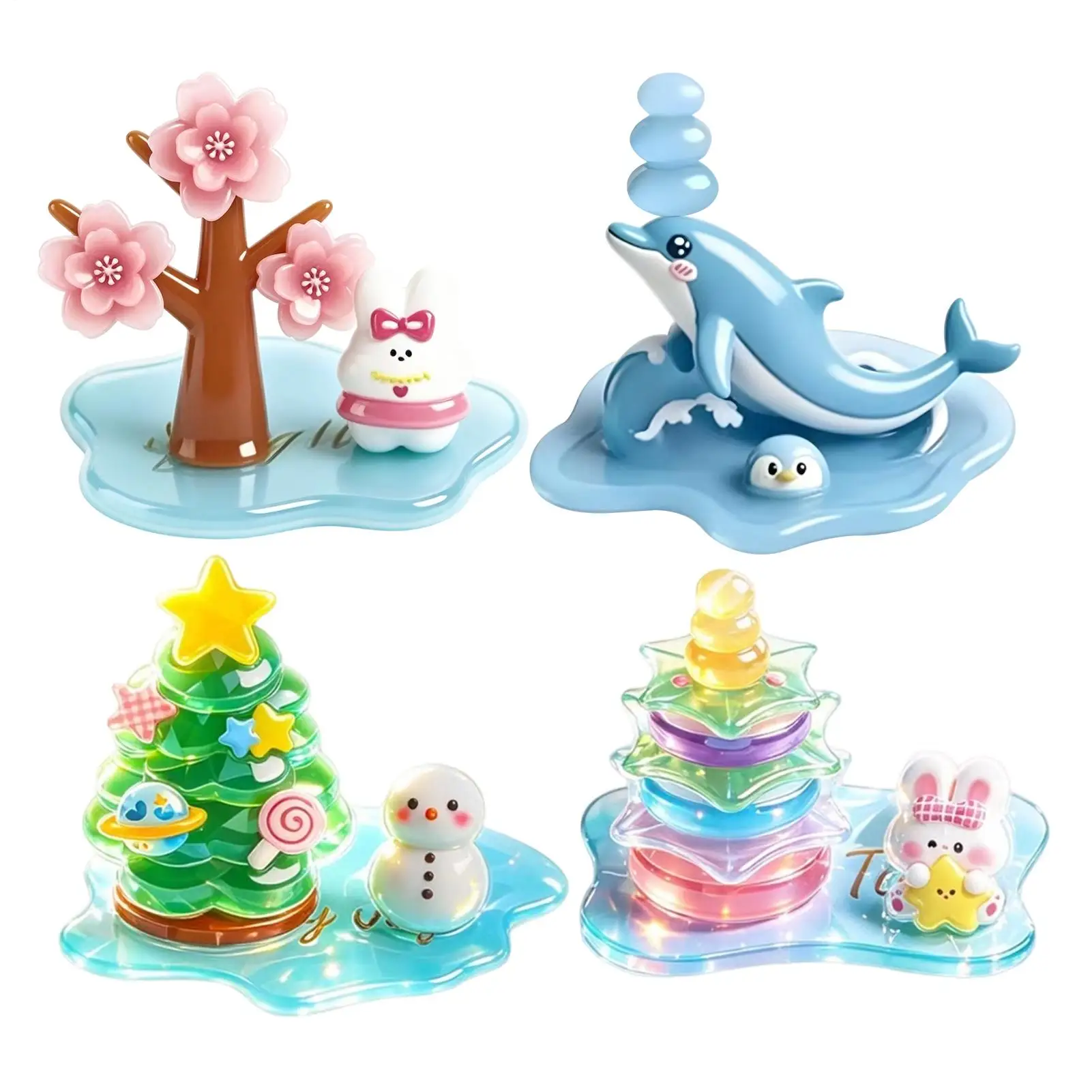 3D Stickers 4 Sheets Stackable Scene Building Decals Crystal Decorative Stickers Cartoon Resin Decorative Sticker Set for Home