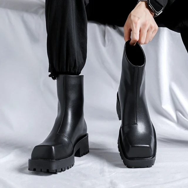 Thick Soled Platform Mens Boots Luxury Designer Square Head Soft Leather Chelsea Boots Fashion Trends Mens Street High Top Shoes AliExpress 322