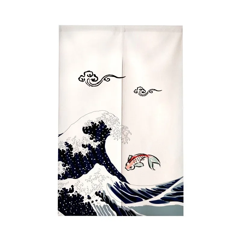 VIKAMA Japanese Ukiyo-e Noren Door Curtain Fuji Wave Print Hanging Divider for Kitchen Bathroom Bedroom Home Decor