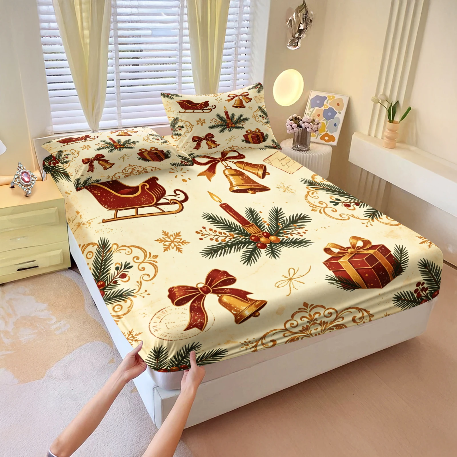 Fitted Bed Sheets Deep Pocket - Vintage Noel Temalı Çarşaf Takımı, Retro
