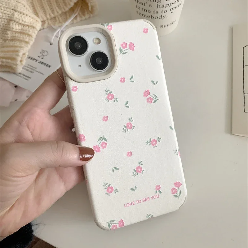 INS Korea Little Flower Soft Leather Phone Case For Iphone 14Pro 15ProMax 11 12 13 14 15 Pro Max 13Pro Cover Fundas