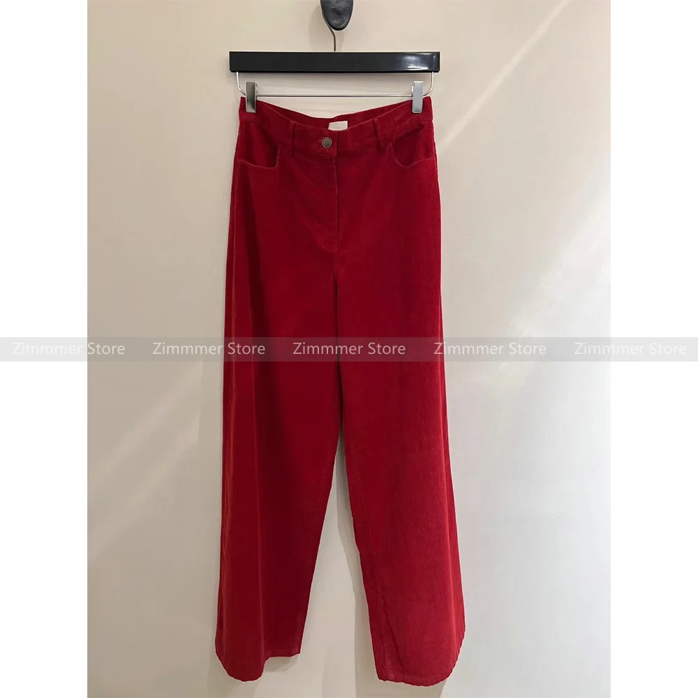 Retro red corduroy wide-leg pants for women 24 autumn and winter new loose silhouette mid-waist straight trousers