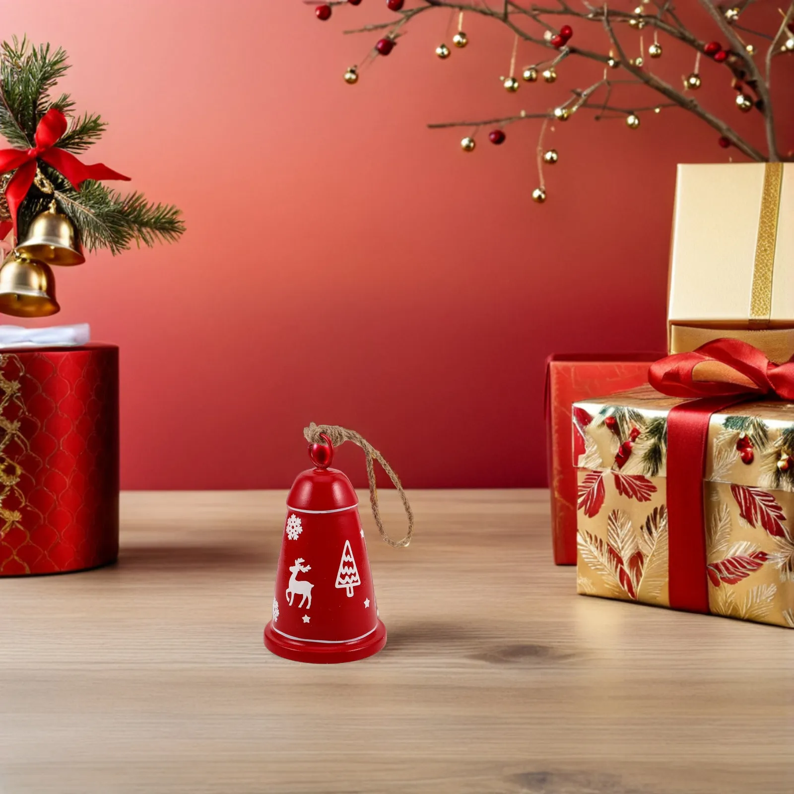 Christmas Jingle Bells Hanging Decorations, 2pcs Rustic Metal Bells with Reindeer Tree Design for Door Tree Garland