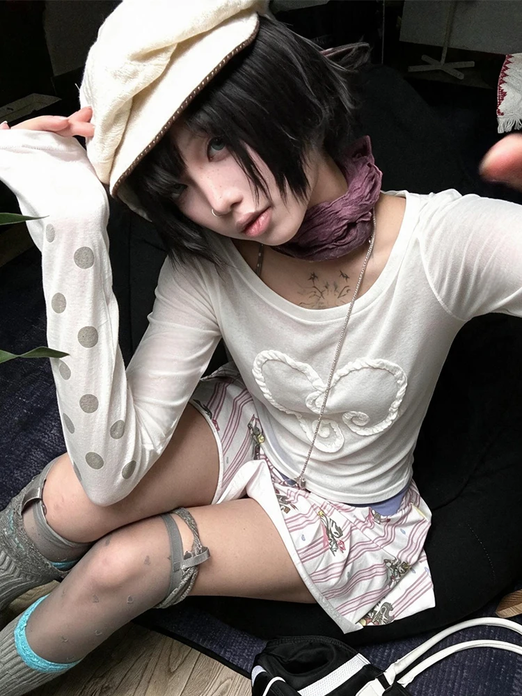 Genayooa Y2k Japanisches T-Shirt für Damen, Langarm-Punkt-T-Shirt, Streetwear, koreanischer Stil, Vintage-Tops, Fairycore, 2000er Jahre, T-Shirts, E-Girl – Detail 6