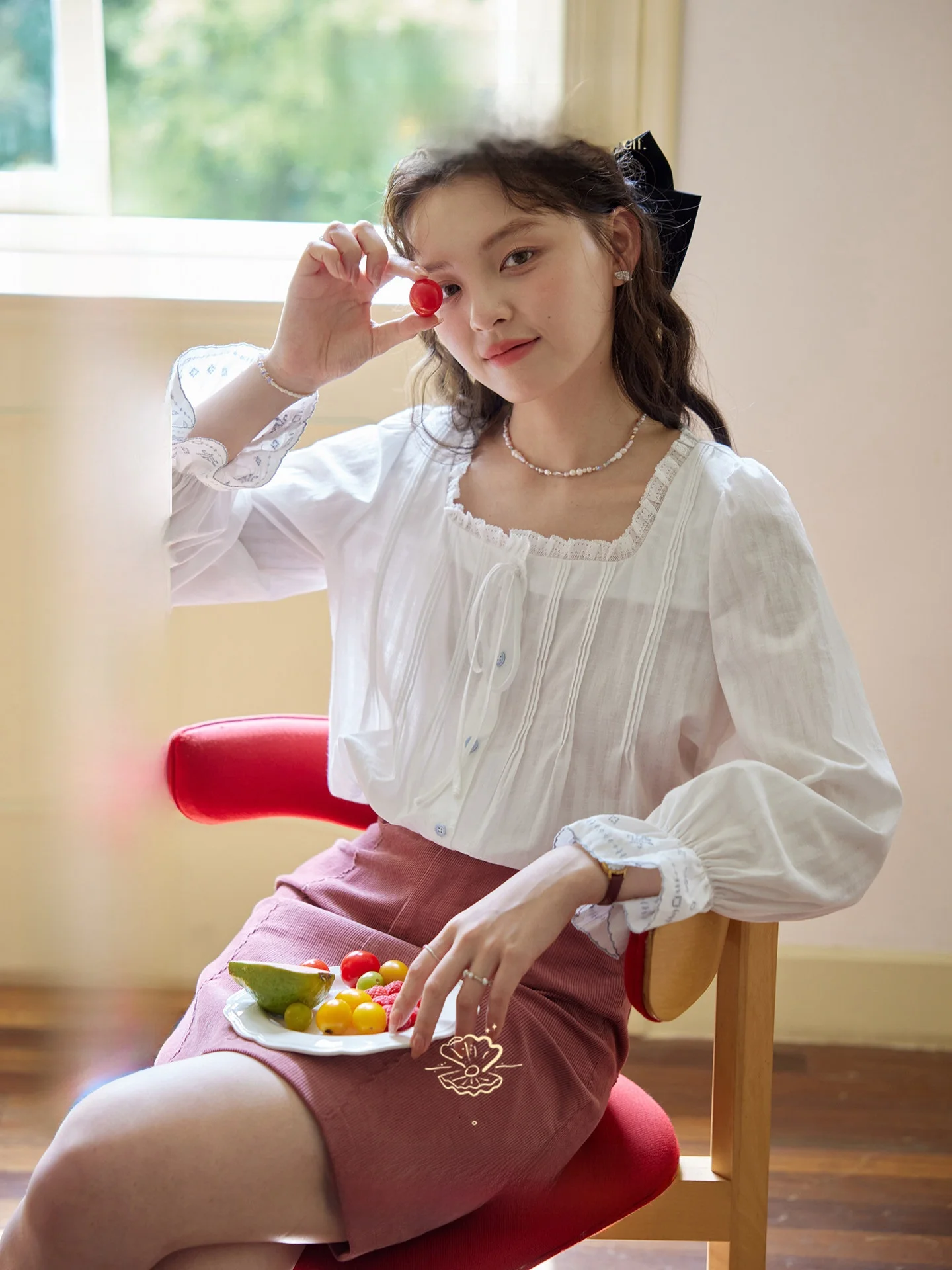 

Novet Ele Vintage Embroidered irt Women's Square Collar Bubble Sve Tu Pleat Cotton Long Sve Breathable Casua...