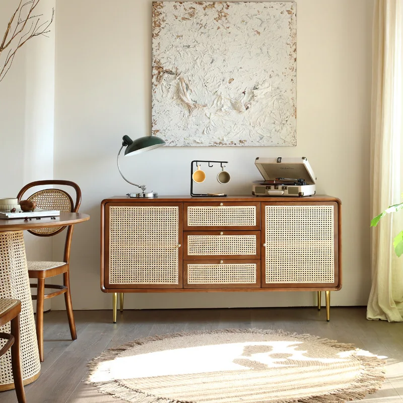 

Wind Solid Wood Dining Side Cabinet Home Bedroom TV Cabinet Nordic Drawer Rattan Storage Cabinet Multifunctional Retro