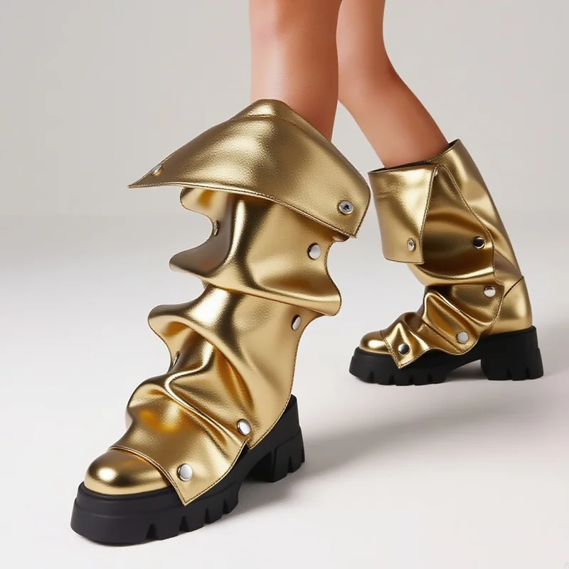 

Matte Leather Platform Pleated Removable Boots Sexy Round Toe Accept Customized New Arrivals Fashion Women Boots