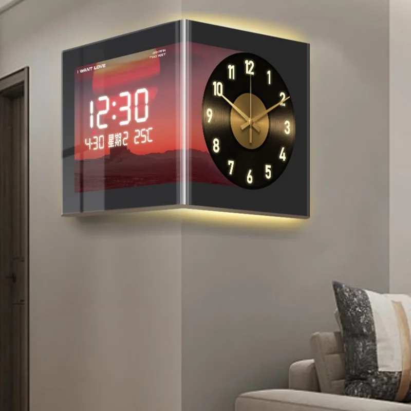 Simple Modern Clock Wall Clock Living Room Corner Double-sided Clock Induction Digital Display Screen Creative Home Mural Lamp