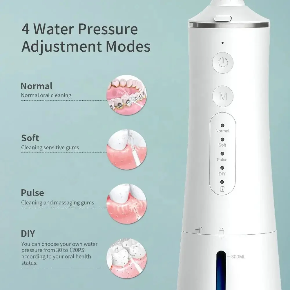 Water Dental Flosser Cordless for Teeth Cleaning,4 Modes Oral Irrigator 300ML Braces Flossers Cleaner Rechargeable Portable IPX7