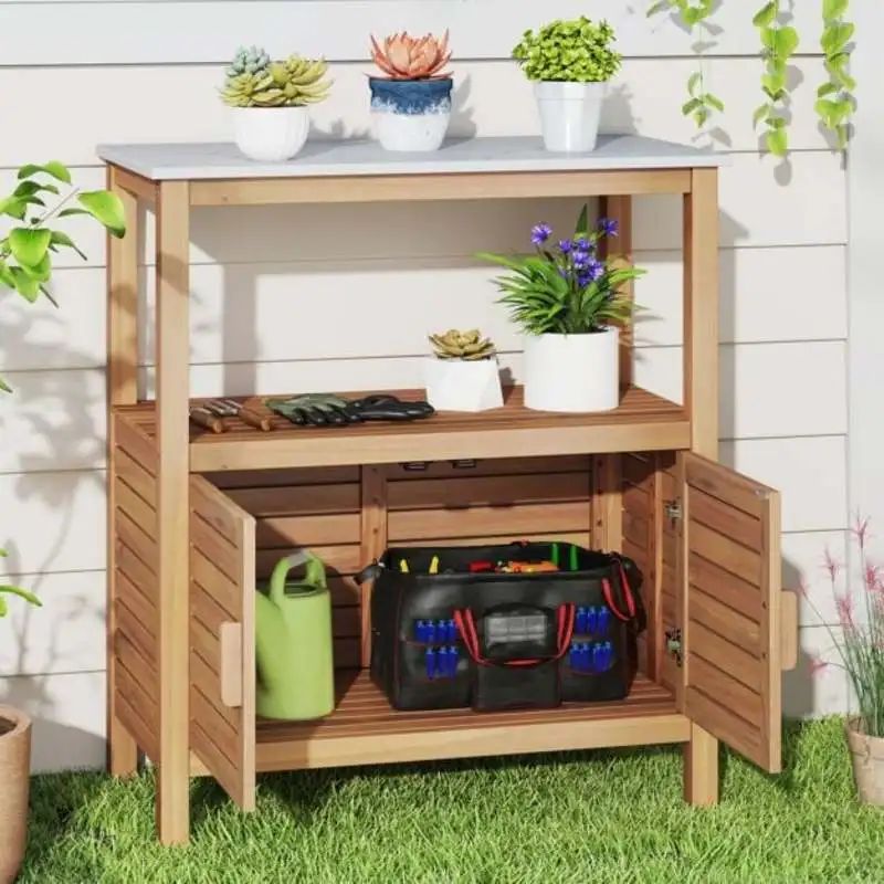 

Outdoor Potting Bench Acacia Wood Garden Potting Table Planting Work Bench Station with Louvered Doors