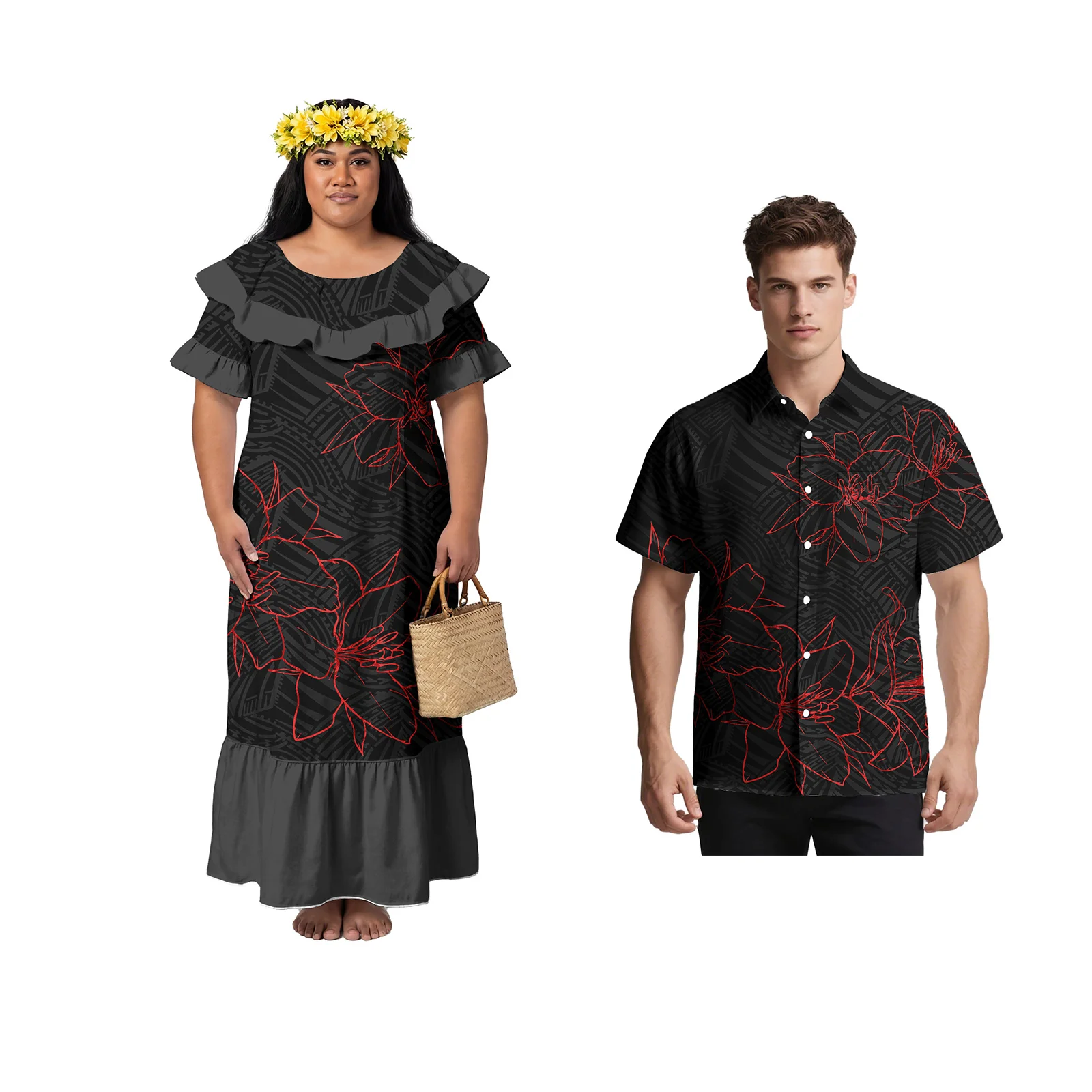 Fashion Royal Blue Couple Clothes Polynesian Men Shirts Samoan Women Dress Custom Hawaiian Island Print Matching Couple Outfits