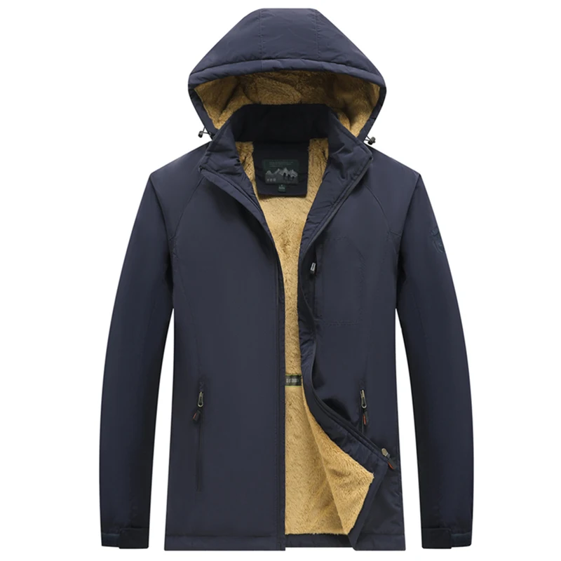 New Windproof Keep Warm Men Tops Outdoors Casual Motion Mountaineering Coats Winter Solid Fleece Thickening Removable Hat Parka