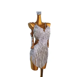 Latin Dance Costume High-end Custom Silver Tassel Suspender Design Samba Art High Flash Rhinestone Flower Costume