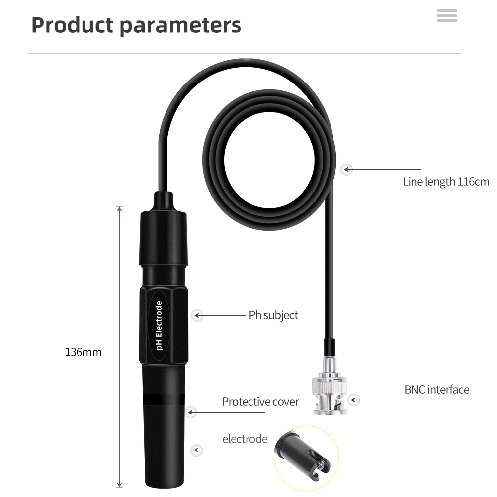 1.2m/2m PH Probe Electrode pH Replacement  for Aquarium Hydroponic Laboratory Electrode Ph Meter Potential Test pH201H