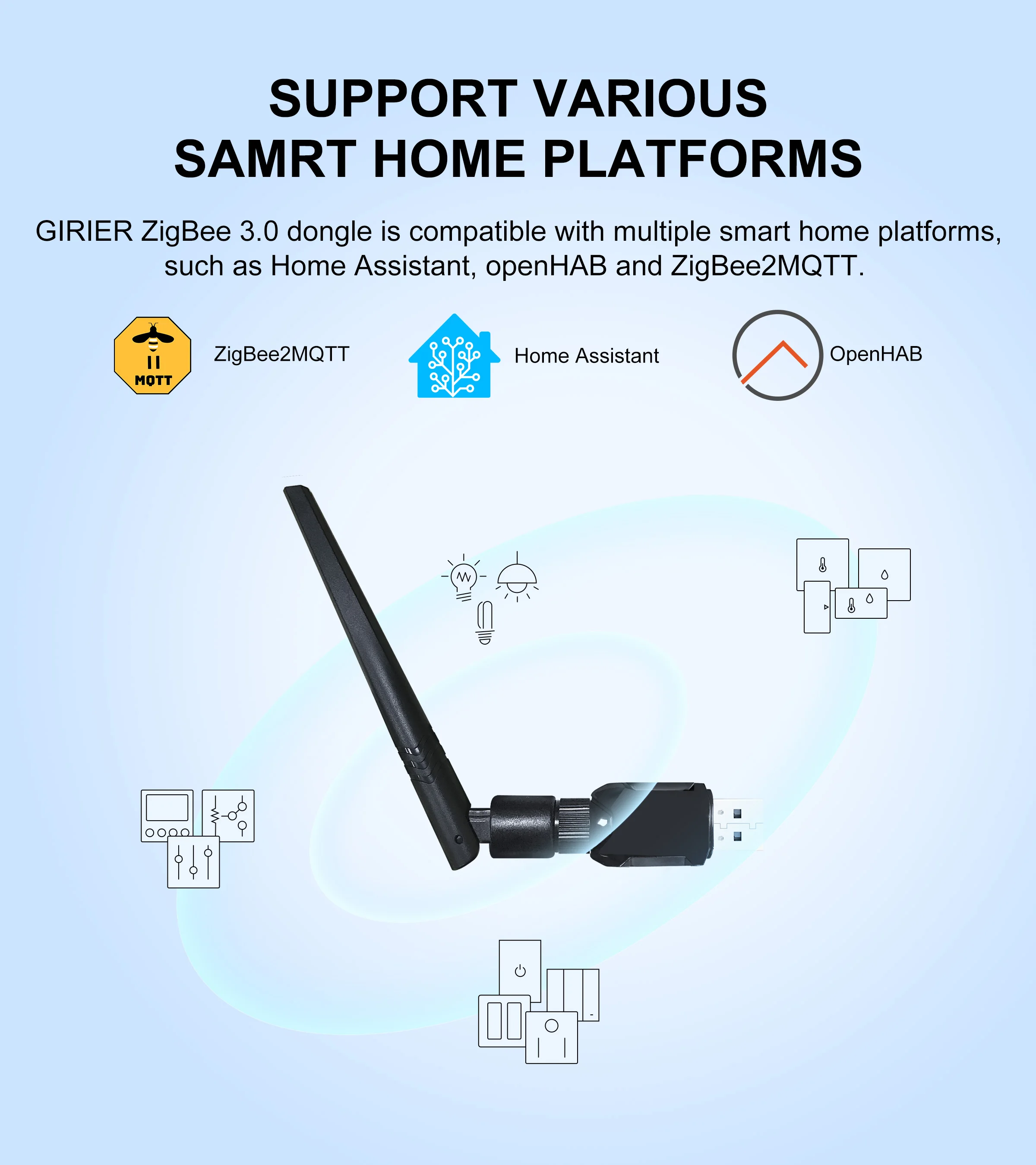 Girier เกตเวย์ ZigBee 3.0 dongle USB เกตเวย์ ZigBee สากลพร้อมเสาอากาศที่เข้ากันได้กับ ZigBee2MQTT openhab ช่วยในบ้าน