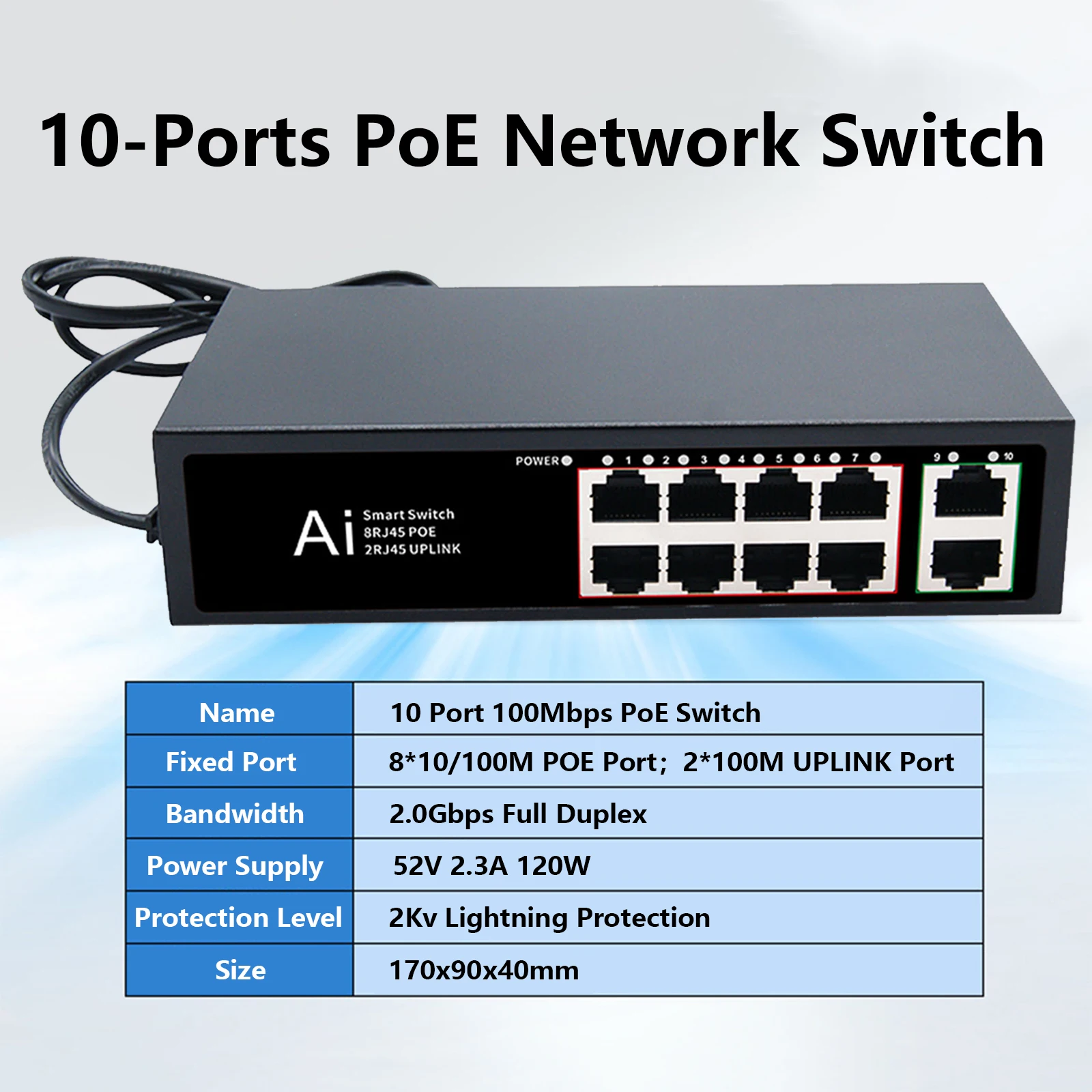 Imagem -05 - Terow-switch Inteligente de Rede Ethernet Switch Poe Padrão Portas 100mbps para Câmera ip Roteador Wi-fi 10 Portas Atualização