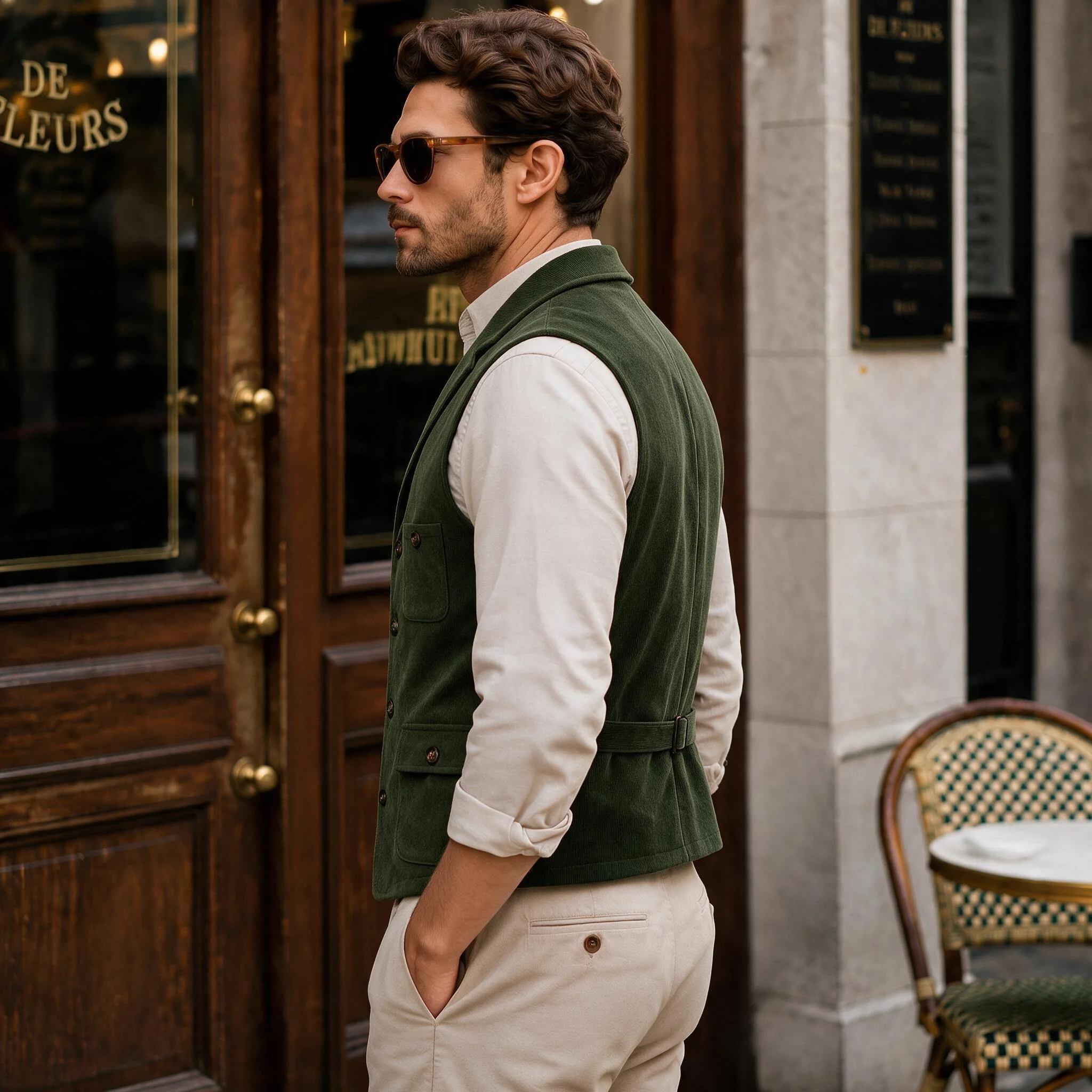 Herren Vintage Cord-Anzugweste mit Revers, Verstellbarem Rückengurt, Ärmellos, Business-Casual-Gilet mit Mehreren Taschen – Detail 10