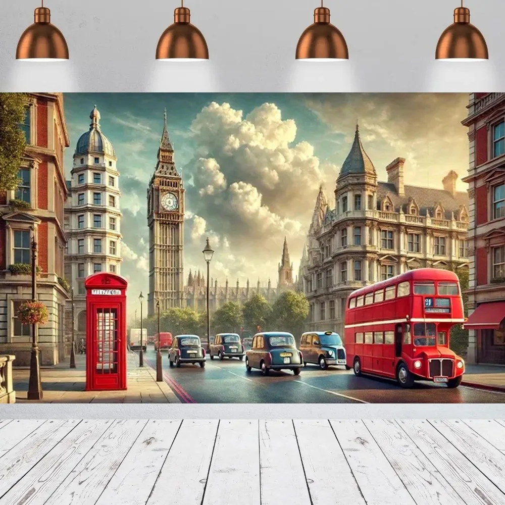 Vintage London Street View Double Decker Bus Themenbanner-Hintergrundstoff, Geburtstagsfeier, Heimdekoration, Fotografie-Hintergrund