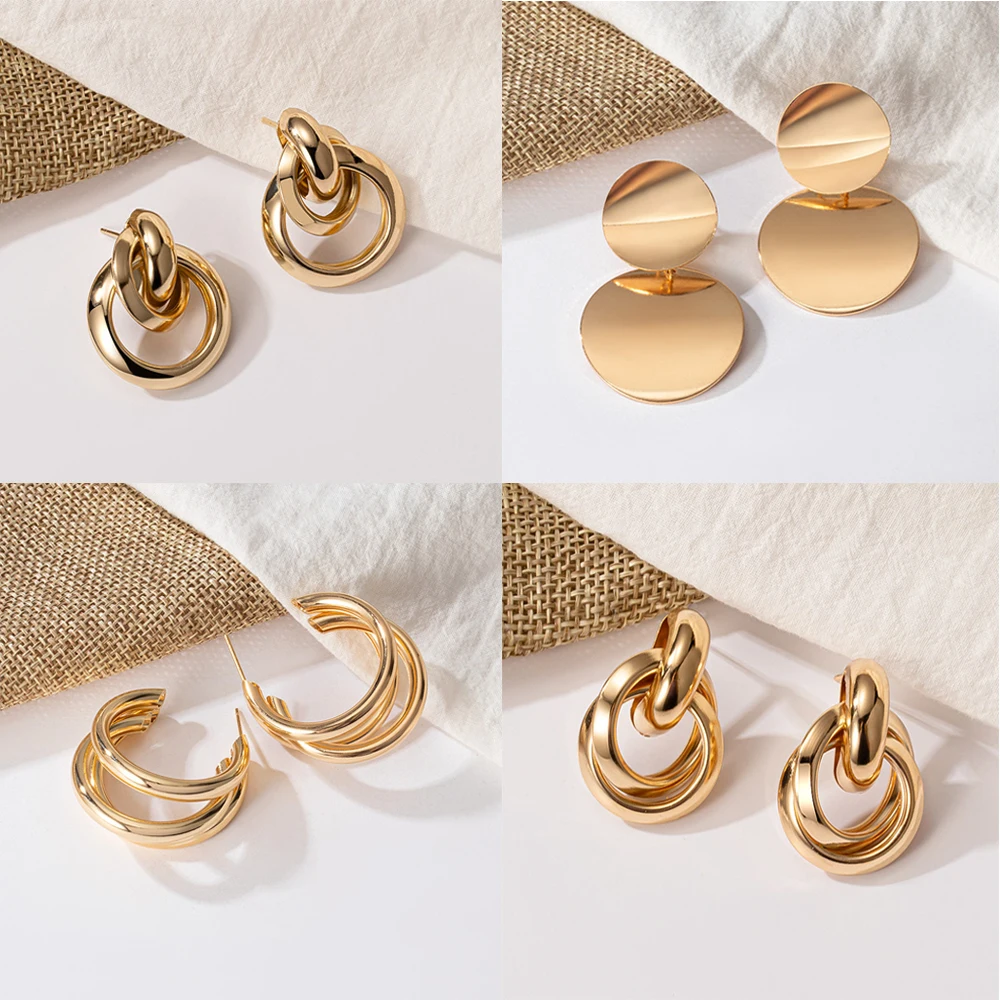 Unique Exaggerated Metal Hanging Earrings Punk Gold Color Geometric Round Twist Knot Leaf Ear Jewelry For Women Hiphop Gift