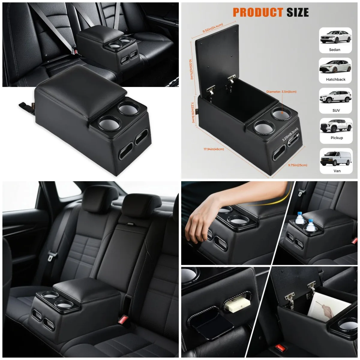 

Universal Car Center Console with Cup Holder, Rear Bench Seat Organizer, Large Storage Box, Central Armrest for Truck & SUV (Car