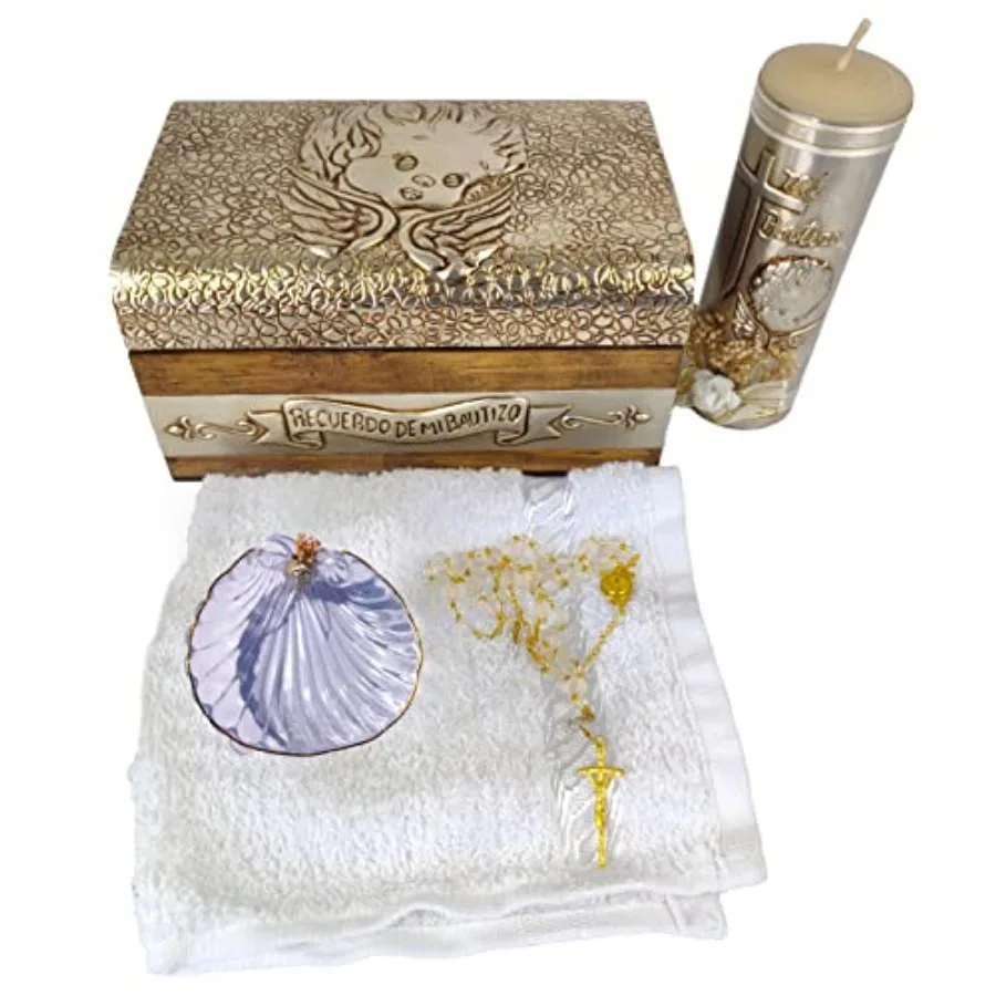 

Baptism Candle Set in Premium Decoration Box with Towel, Rosary and Shell Included - Velas para bautizo Recuerdos de bautizo -
