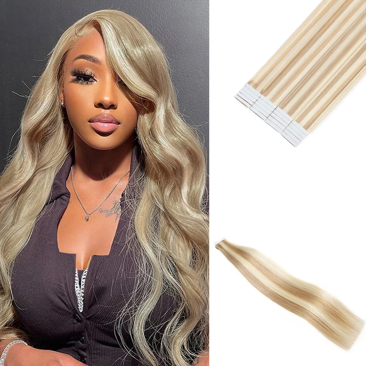 Tape in Hair Extensions Human Hair Brown Mixed Blonde 22 Inch Invisible Tape Ins Straight Soft Real Human Hair for Women 20pcs