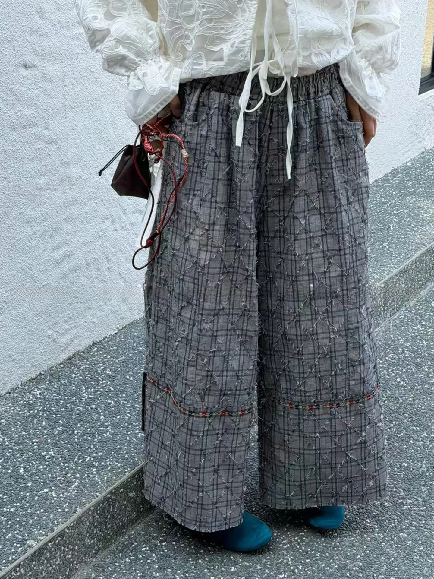 

ay Plaid 3D Splicing Wide Leg Pants Spring Summer Casual Sle plus Size Women's Clothing Vintage Retro Design