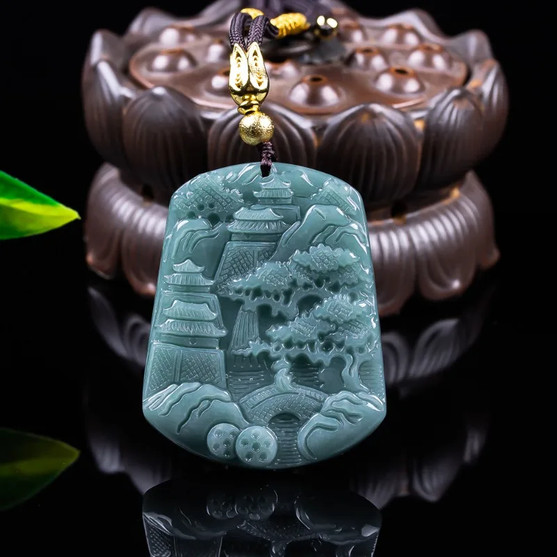 

Natural Emerald Blue Water Mountains Waters Card Pendant Necklace Carved Charm Jadeite Jewelry Fashion Amulet Gift Certificate