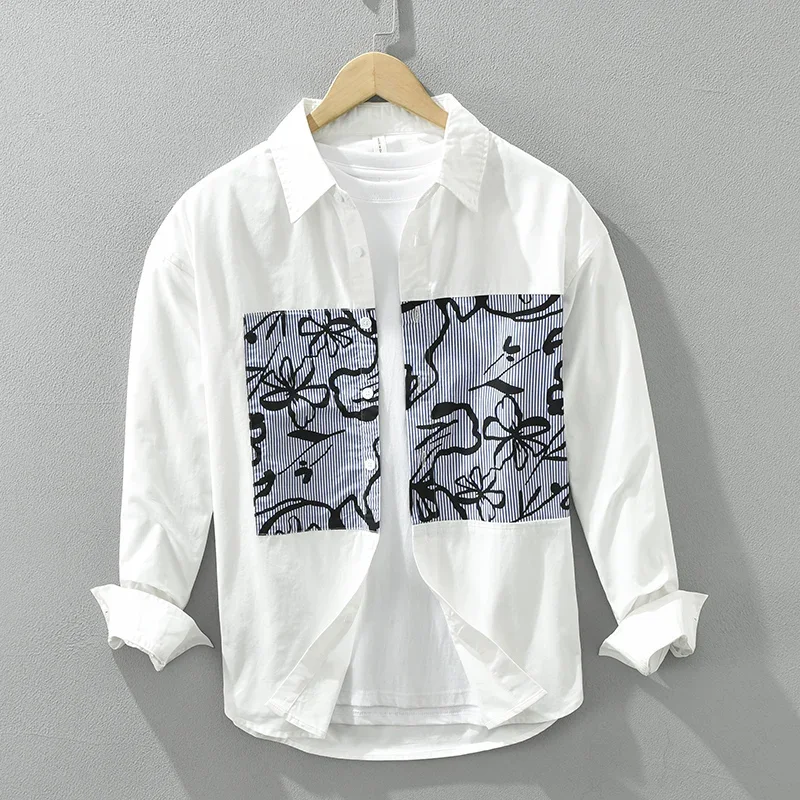 2024 New Print Shirt for Men Cotton Long Sleeve Patchwork Shirts Loose Casual Men's Clothing