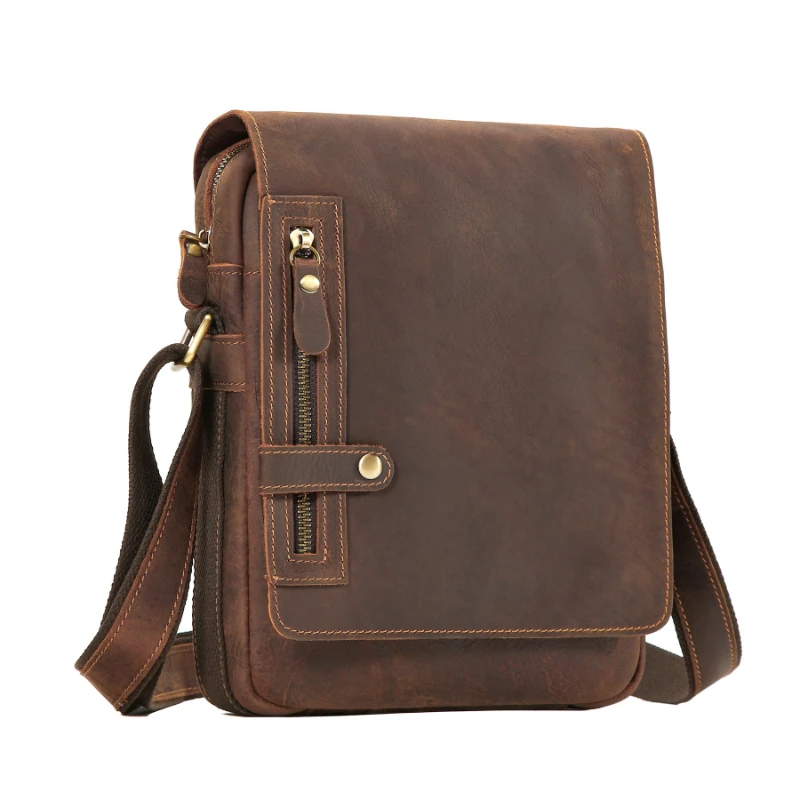 Vintage Crazy Horse Genuine Leather Men's Messenger Bag Real Leather Shoulder Bags for Men Crossbody Bag for IPAD Case Fashion