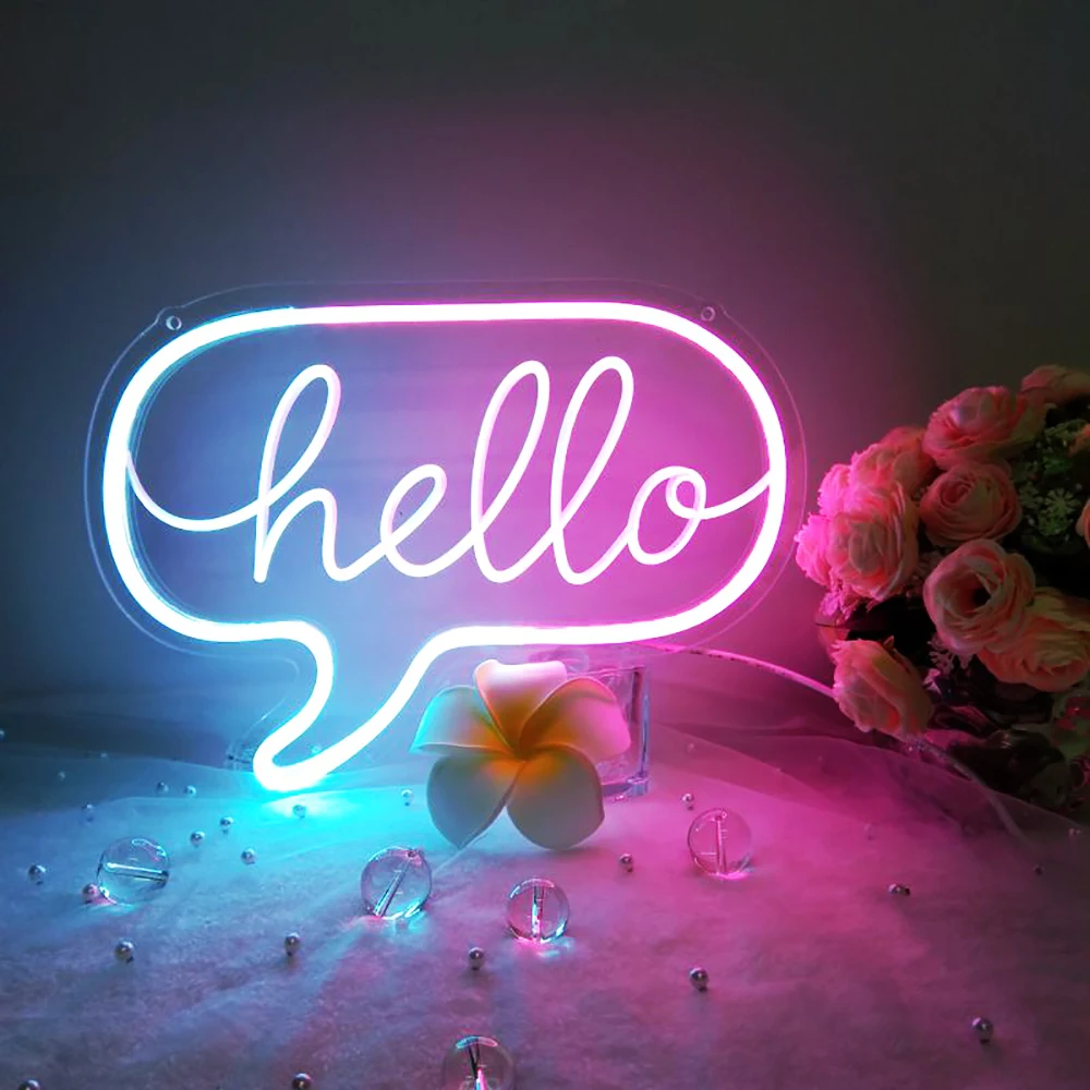 

Hello LED Neon Sign Blue&Pink Light/White Light USB Powered with Dimmer 12.2X8.85 inches 5V Small Night Lamp for Home Room Decor