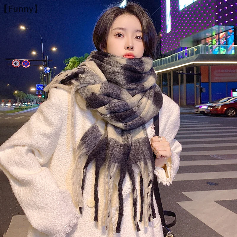 maveraFunny vauasPlaid Cachecol Feminino Inverno Novo Estilo Quente Versátil Xale High-end Imitação de Cashmere Lenço de Pescoço Grosso Versão Grande