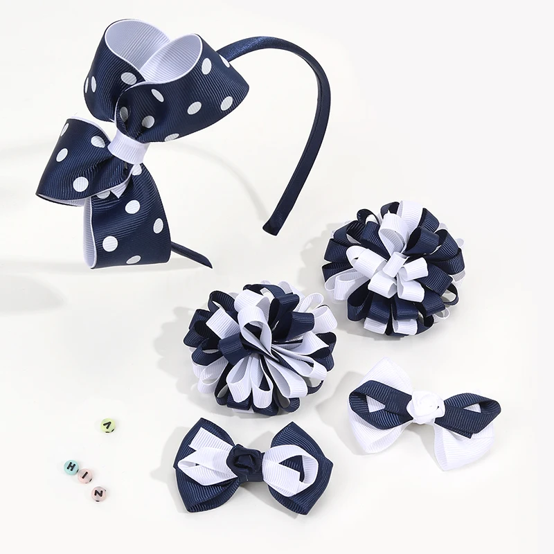 

Oaoleer 5Pcs/set Blue White Bows Hairbands For Kids Girl Dot Handmade Headband Hair Hoop Child Headwear Baby Hair Accessories