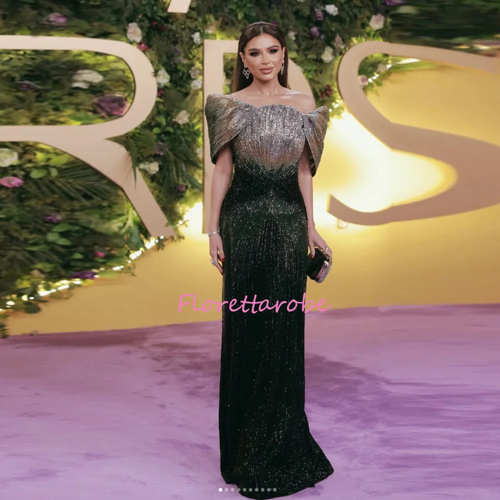 Glitter Beads Pleat Evening Dresses Luxury  Off Shoulder Mermaid Party Dress Sexy Floor Length Prom Gowns Customized Vestidos De