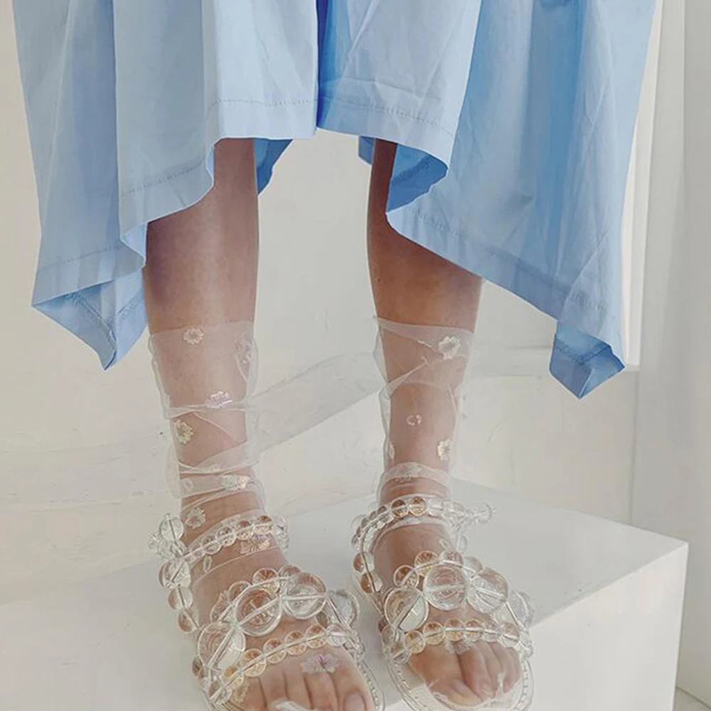 

Streetwear Ultra-thin Chiffon Fashion Shine Flower Nylon Tulle Socks Hosiery Mesh Socks