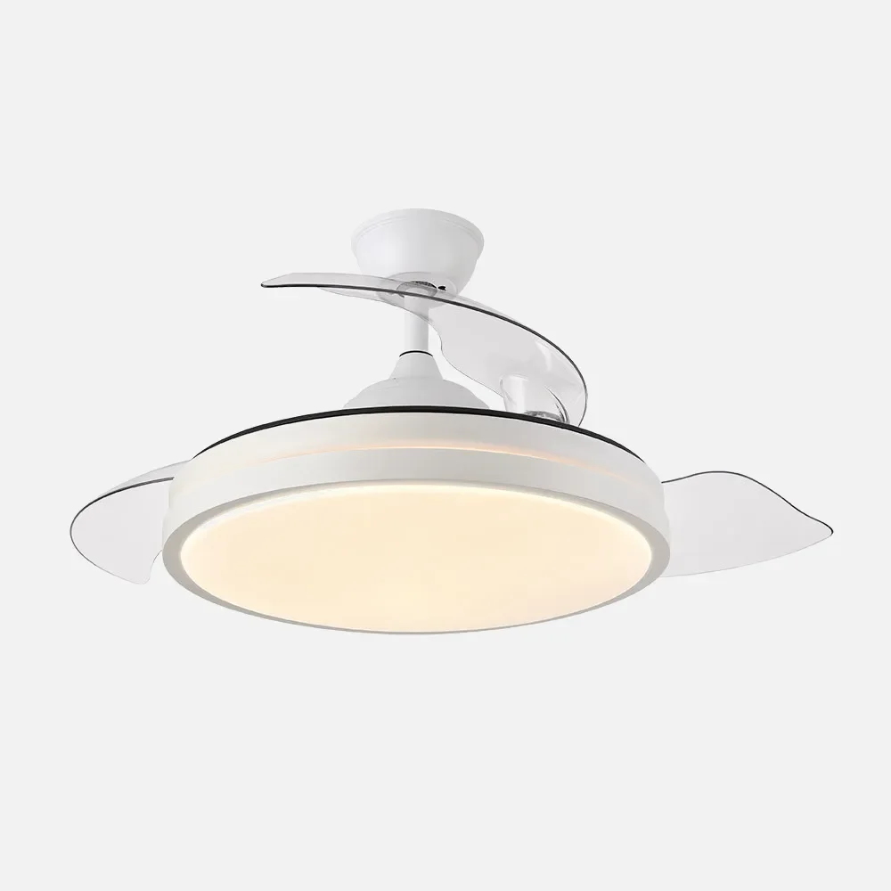Ventilador de techo LED con aspas retráctiles, 3 intensidades de luz y mando a distancia. Motor silencioso y de bajo consumo. Diámetro con las aspas 