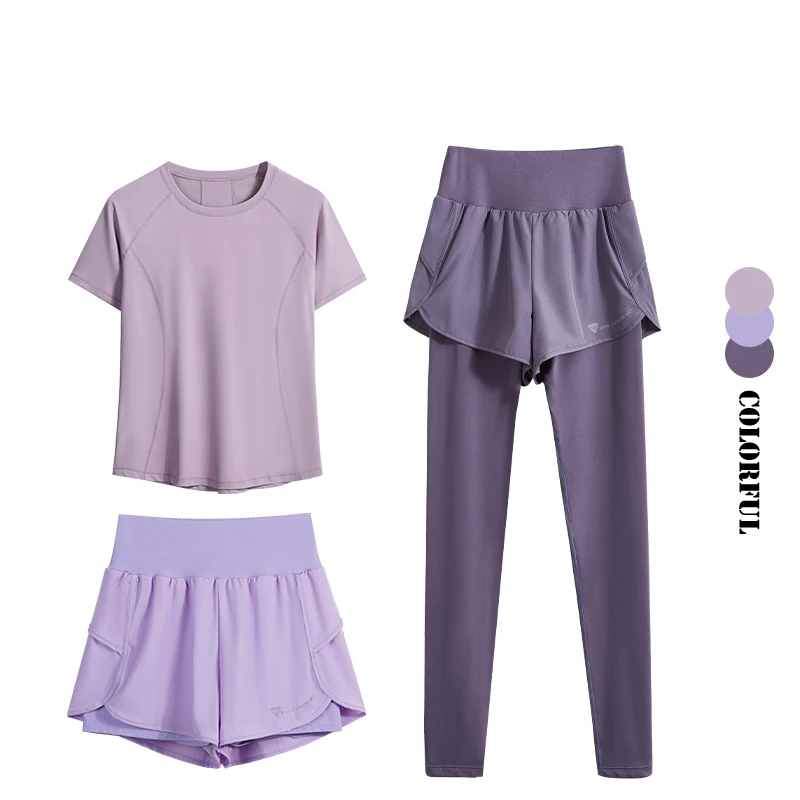 DRUR 3pcs Yoga Set Women Summer Sports Outfit Quick Dry Short Sleeve Yoga Shirt High Waist Leegings Sets Jogger Sportwear Suit