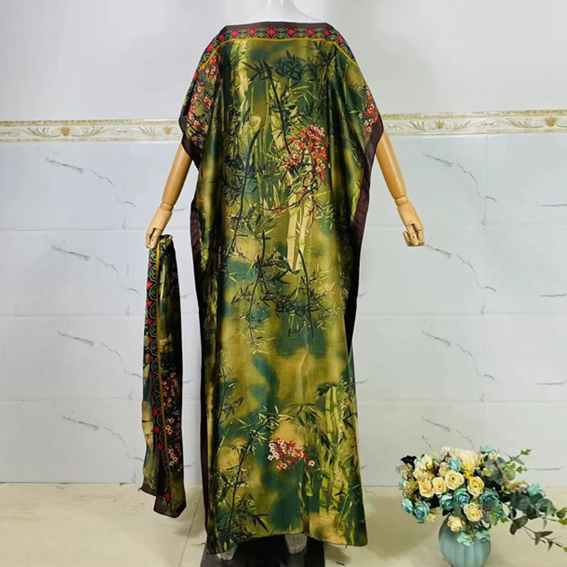 2024 New Rayon Fashion Oversize African Women Clothing Dubai Dashiki Abaya Free Size Print Design With Scarf Loose Long Dress