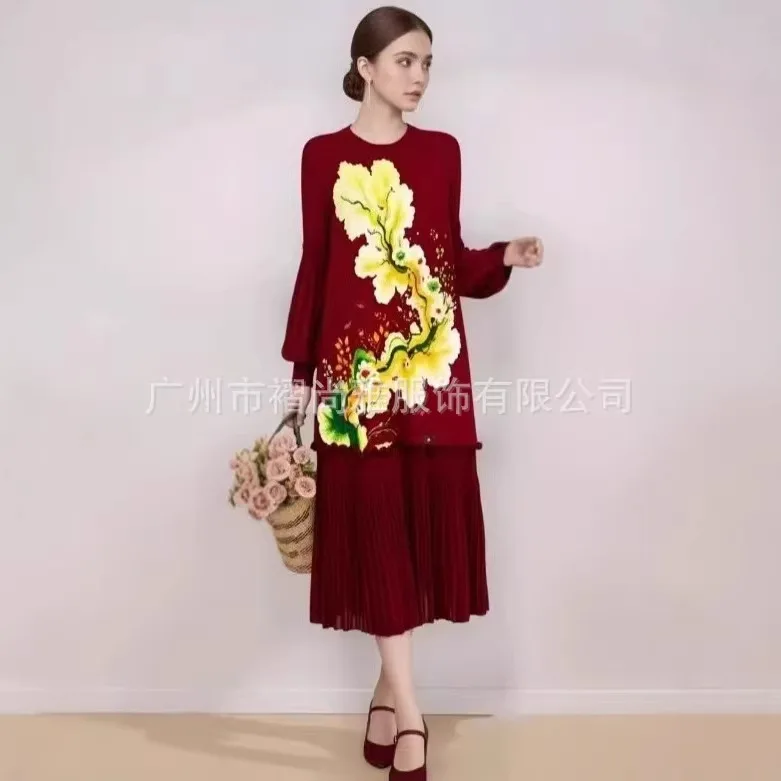 

Miyake Pleated 2026 New Spring and Autumn Printed Dense Edge Suit Neck Tie Evening Size Premium Simple Women's Premium Dresses