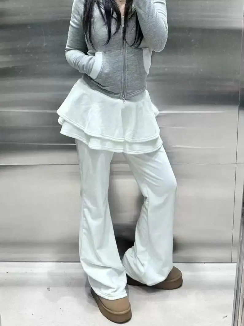 الكورية Sle سراويل تقليدية طبقة مزدوجة المخملية الدانتيل تقليم متوهج الساقين عالية الخصر السراويل الطويلة Personali لطيف وهمية قطعتين