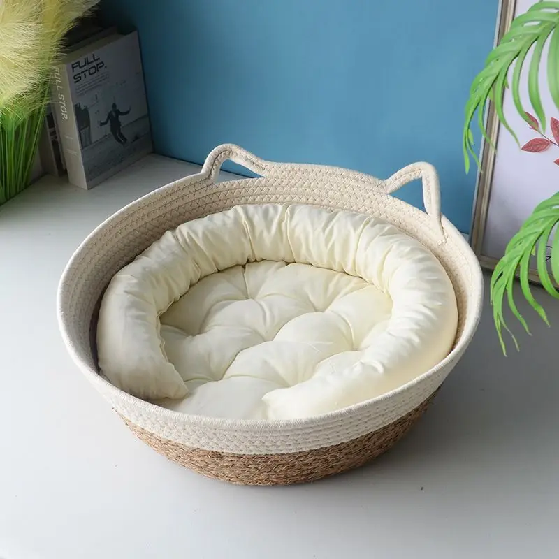 OUZEY Rattan Woven Pet Cat Bed With Cushion Soft Warm Comfortable Sleeping Basket For Cats Four Seasons Puppy Kitten Bed